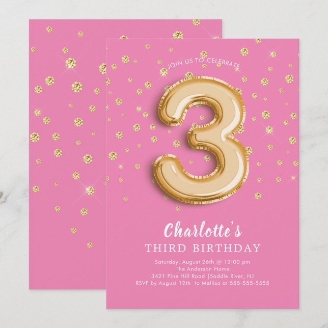 Foil Balloon Floral 3RD Birthday Einladung (Vorne/Hinten)