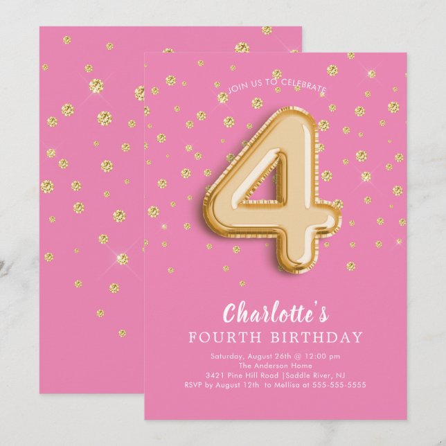 Foil Balloon Floral 4e anniversaire Invitation (Devant / Derrière)