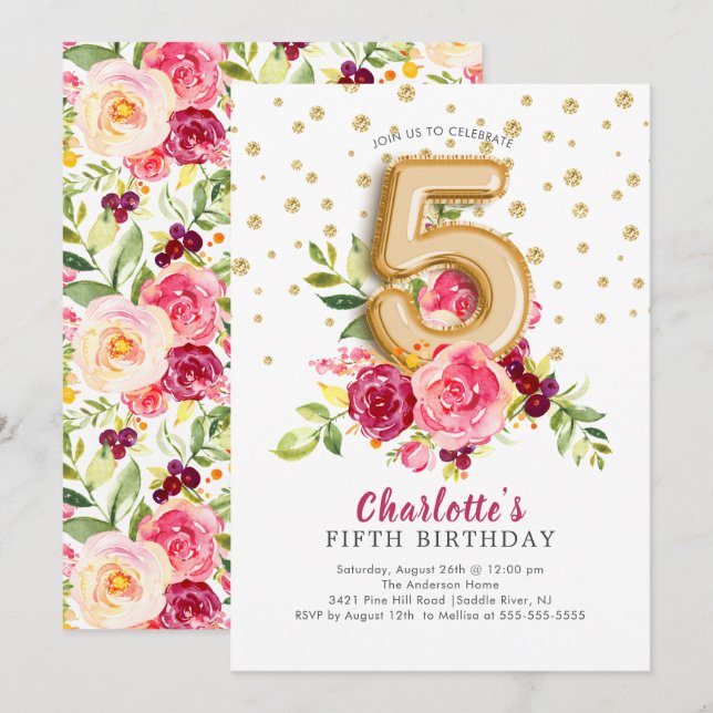 Foil Balloon Floral 5. Geburtstag Einladung (Vorne/Hinten)