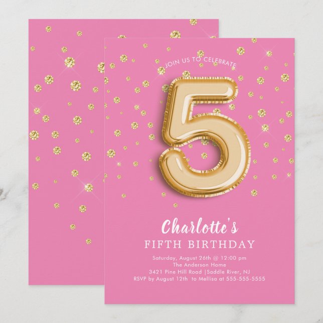 Foil Balloon Floral 5e anniversaire Invitation (Devant / Derrière)