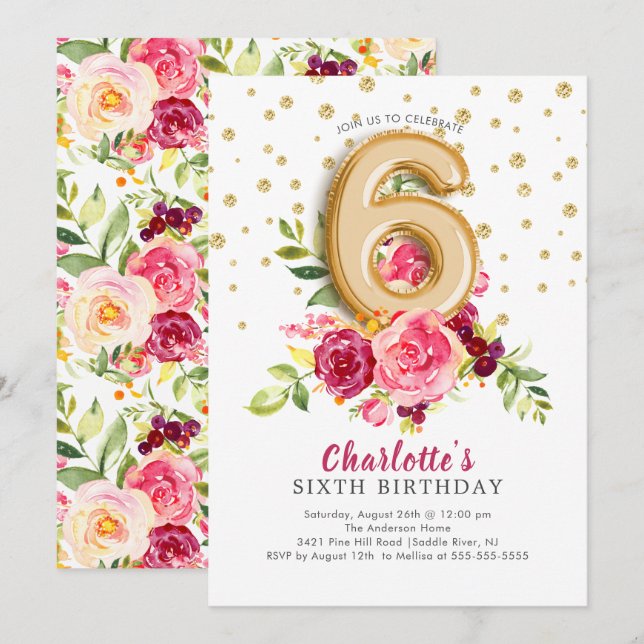 Foil Balloon Floral 6. Geburtstag Einladung (Vorne/Hinten)