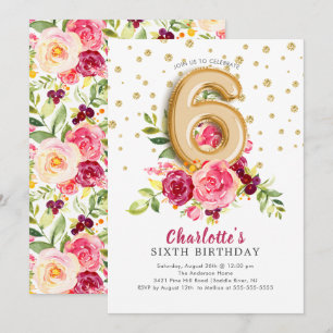 Foil Balloon Floral 6E Anniversaire Invitation