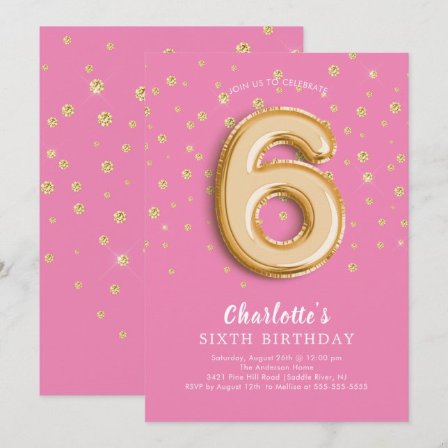 Foil Balloon Floral 6E Anniversaire Invitation (Devant / Derrière)