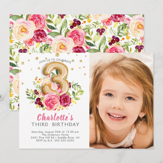 Foil Balloon Foto Dritter Geburtstag Einladung (Vorne/Hinten)