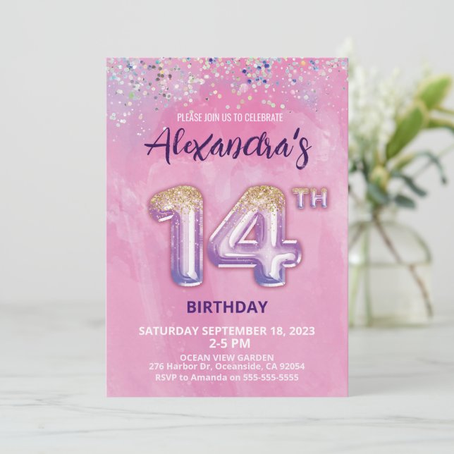 Foil Balloon Invitation 14e anniversaire (Debout devant)