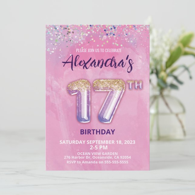 Foil Balloon Invitation 17e anniversaire (Debout devant)