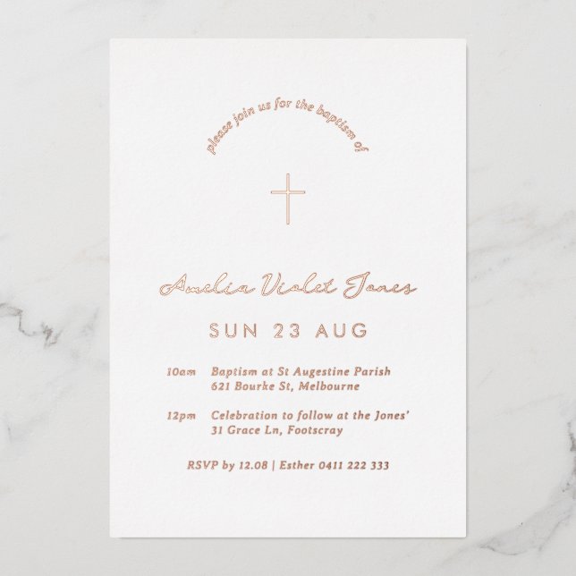 Foil Baptême minimal Christening Cross Invitation (Recto)