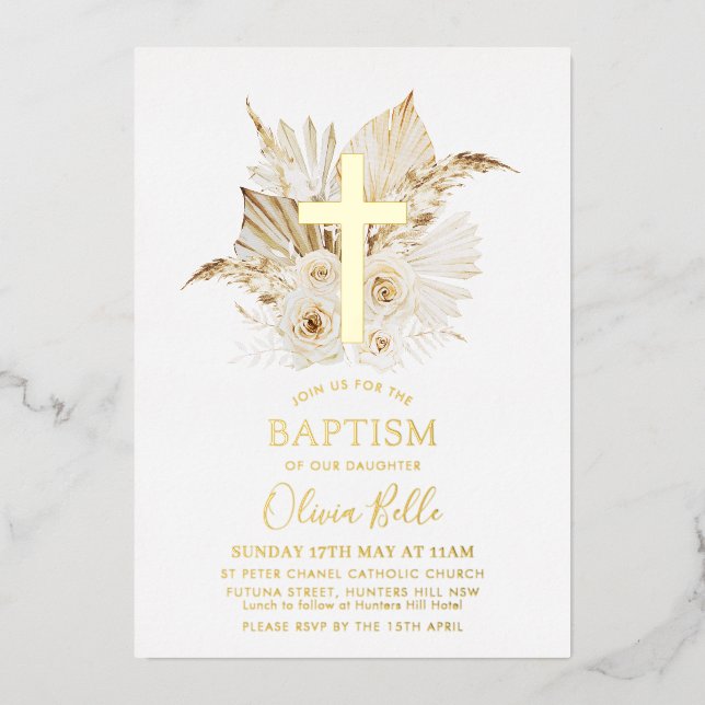 Foil Boho Driving Palm Floral Taufe Christening Folieneinladung (Vorderseite)