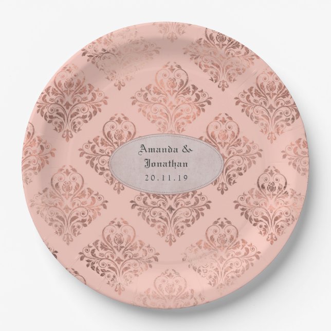 Foil Damask Rose Gold und Blush Wedding Pappteller (Vorderseite)