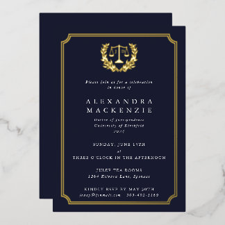 Foil+Dark Navy JD Law School Graduation Party Folieneinladung