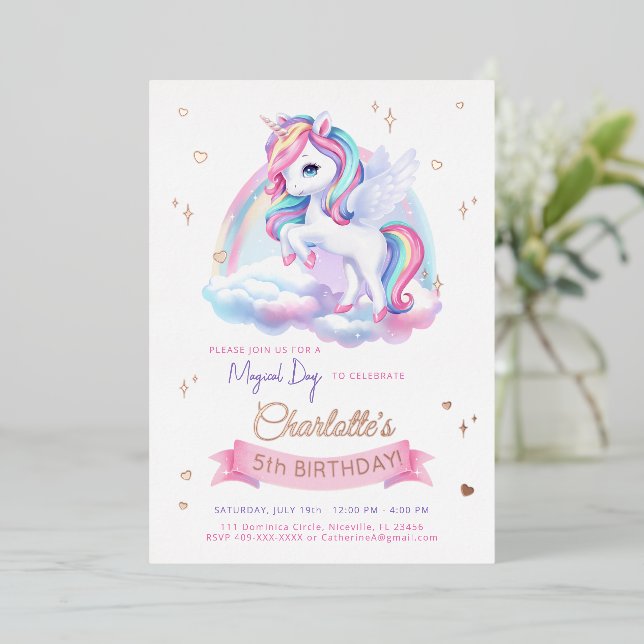 Foil Einladung Einhorn Geburtstag. (Stehend vorne)