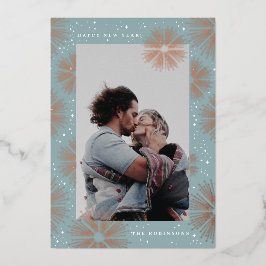 Foil Funkelnd Blue Fireworks New Years Foto Card Folien Feiertagskarte