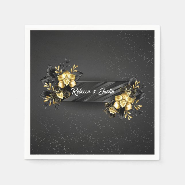 Foil Gold Black Orchids Modern Boho Serviette (Vorderseite)