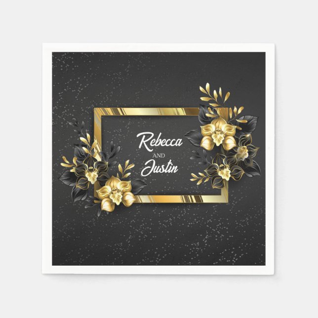 Foil Gold Black Orchids Modern Boho Serviette (Vorderseite)