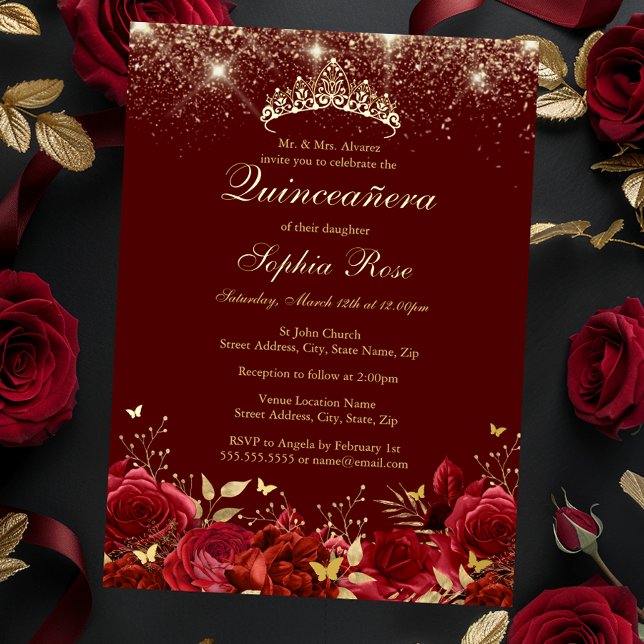 Foil Gold Red Floral Butterfly Tiara Quinceanera Folieneinladung (Von Creator hochgeladen)