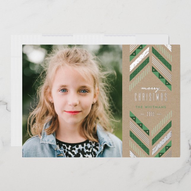 Foil Herringbone Band Holiday Foto Card - Green Folieneinladung (Briefumschlag)