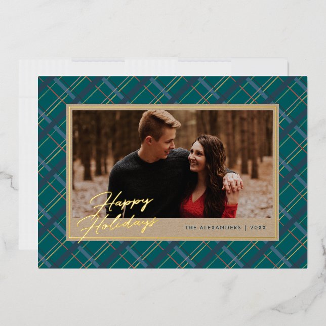 Foil Hiver Plaid Carte photo de vacances - Vert (Enveloppe)