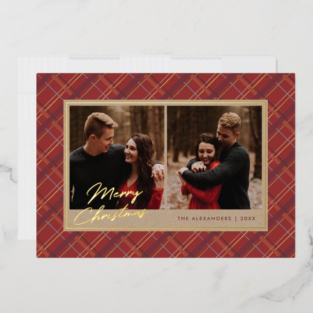 Foil Hiver Plaid Noël 2 Cartes photos - Rouge (Enveloppe)