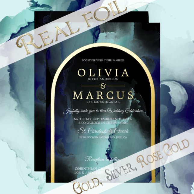 Foil Jade und Navy Blue Modern Fluid Ink Folieneinladung (Von Creator hochgeladen)