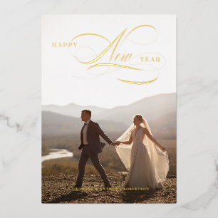 Foil Joyeux Jour de l'An Script Holiday Carte phot