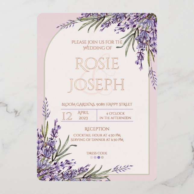 Foil Lavender Wedding Einladung (Vorderseite)
