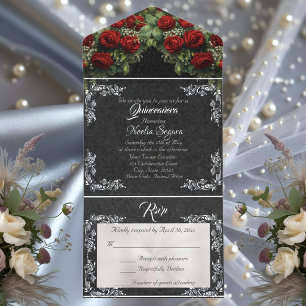 Foil Leaf Rahmen Quinceanera - Schwarz/Rosen Bouqu All-in-One-Einladung