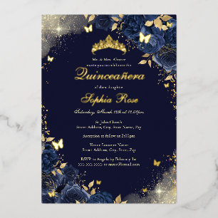 Foil Navy Gold Butterfly Floral Quinceanera Folieneinladung