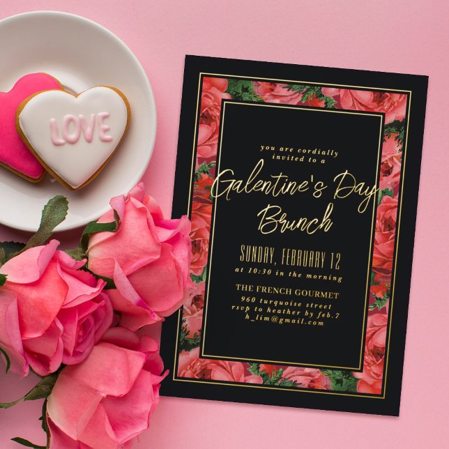 Foil Rose Rahmen Galentine's Day Einladung - Black (Von Creator hochgeladen)