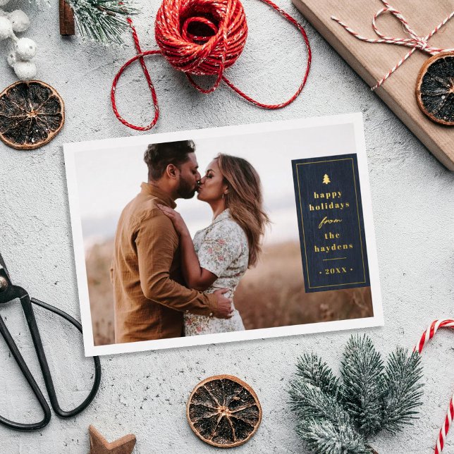 Foil Rustic Tree Woodgrain Christmas Photo Card Folieneinladung (Von Creator hochgeladen)