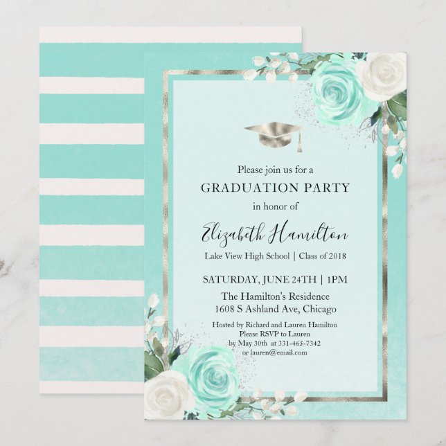 Foil Silver & Aquamarin Modern Floral Graduation P Einladung (Vorne/Hinten)