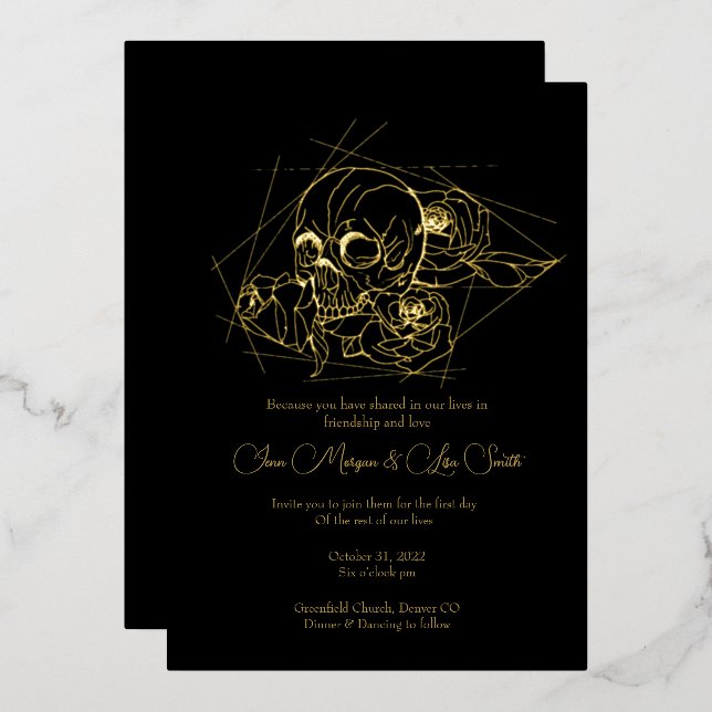 Foil Skull und Rose bis zum Tode Hochzeit Folieneinladung (Vorderseite/Rückseite)