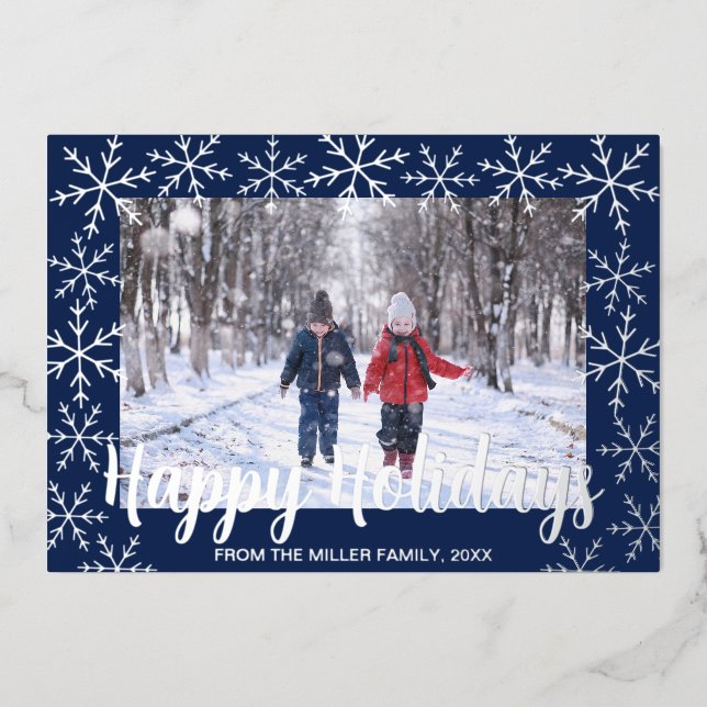 Foil Snowflakes Joyeux Carte photo de vacances (Recto)