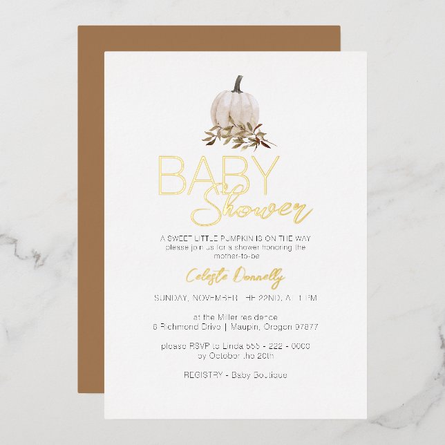 FOIL White Rustic Boho Pumpkin Baby Dusche Folieneinladung (Vorderseite/Rückseite)
