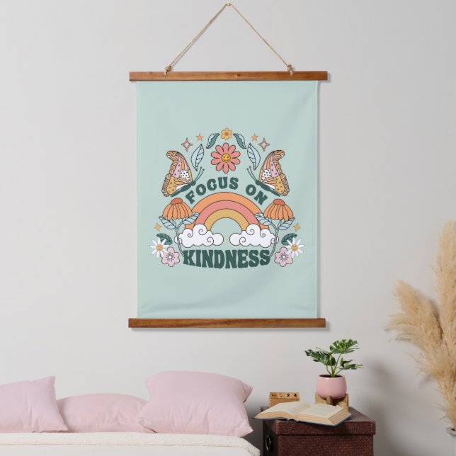 Fokus auf Kindness Groovy Graphic Wandteppich Mit Holzrahmen (Schlafzimmer)