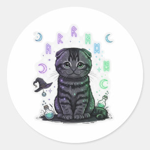Fold Familiar - Witchs Familiar Scottish Fold Cat Runder Aufkleber