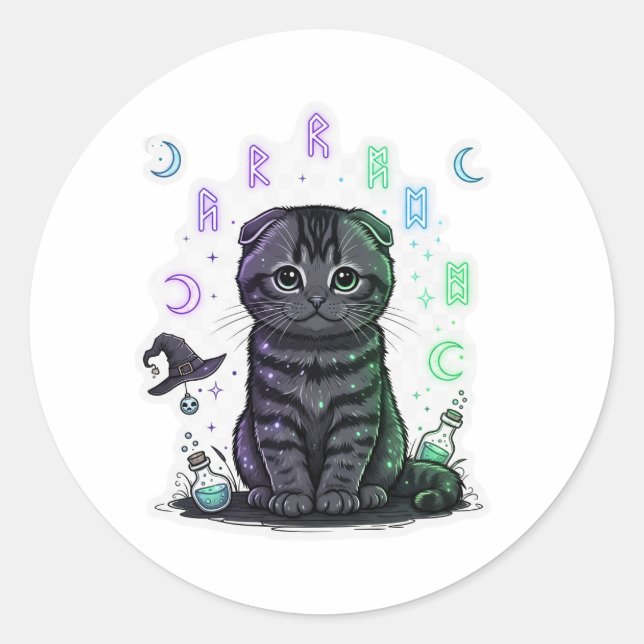 Fold Familiar - Witchs Familiar Scottish Fold Cat Runder Aufkleber (Vorderseite)