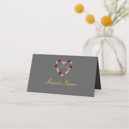 Folded grey place card - floral heart Guest's name Platzkarte