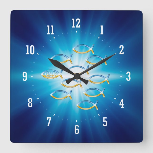 Folgen Sie ihm - christliche Fisch-Symbol-Wand-Uhr Quadratische Wanduhr (Vorderseite)