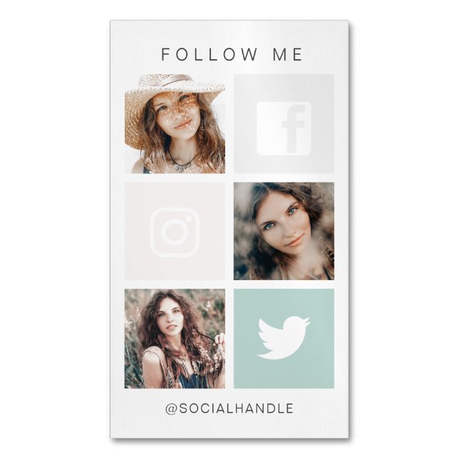 Folgen Sie Me Social Media Square Grid-FotoCollage Magnetische Visitenkarte (Vorderseite Vertikal)