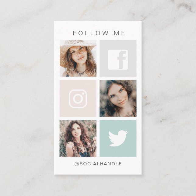 Folgen Sie Me Social Media Square Grid-FotoCollage Visitenkarte (Vorderseite)