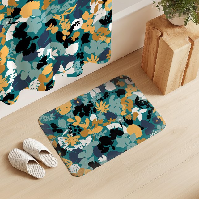 Foliage Aquamarin Aqua Blue Mustard Schwarz-weiß Badematte (Von Creator hochgeladen)