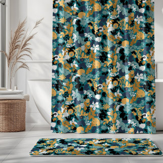 Foliage Aquamarin Aqua Blue Mustard Schwarz-weiß Duschvorhang