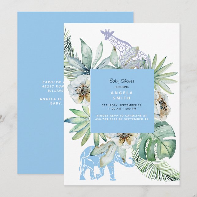 Foliage Blue Jungle Animals Baby Dusche Einladung (Vorne/Hinten)