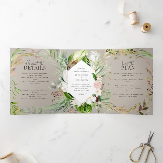 Foliage + Blumenhochzeit und Einzelheiten Dreifach Gefaltete Einladung (Innenseite)