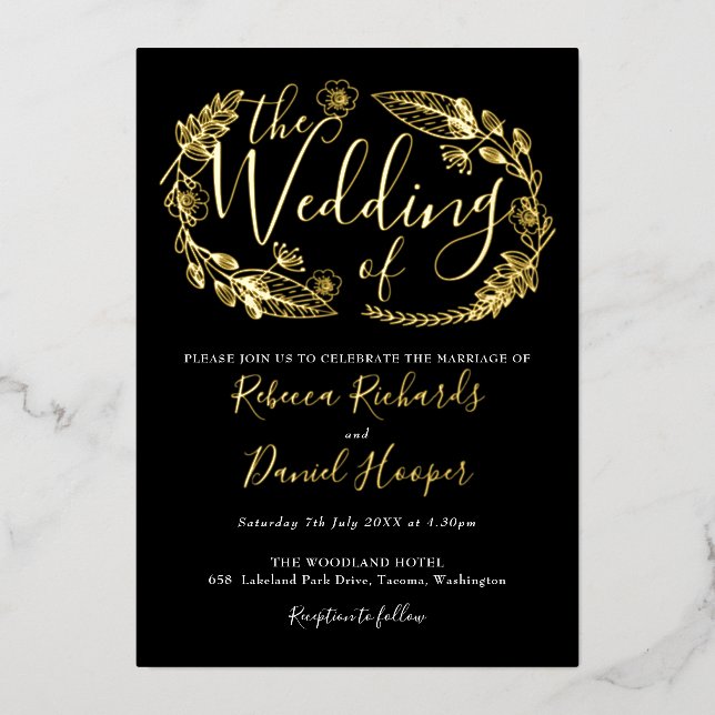 Foliage Chic Skript Hochzeit Schwarz-Gold-Foil in Folieneinladung (Vorderseite)