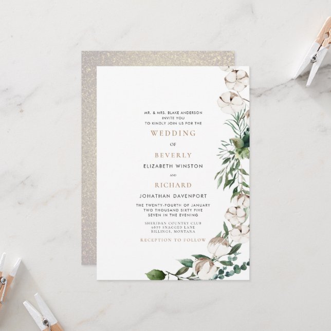 Foliage & Cotton Bride Parents Glam Wedding Einladung (Vorderseite/Rückseite Beispiel)