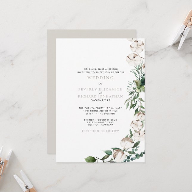 Foliage & Cotton Moderne Hochzeit Einladung (Vorderseite/Rückseite Beispiel)