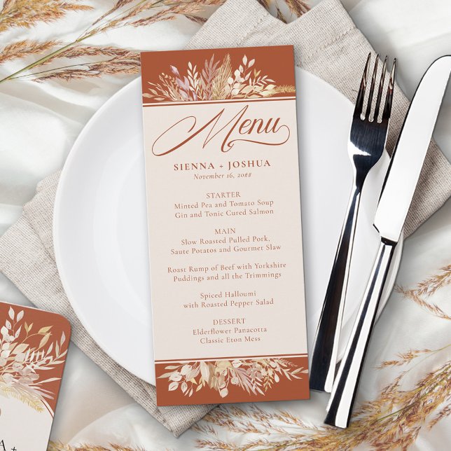 Foliage Duet Terracotta Creme Botanische Hochzeit Menükarte (Terracotta wedding menu - fully editable in burnt orange and cream)