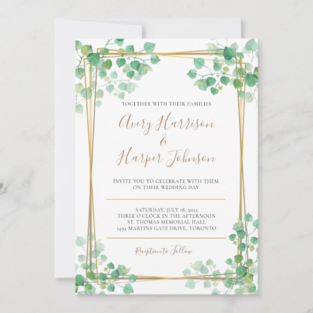 Foliage faire-part de mariage avec bordure en or (Devant)