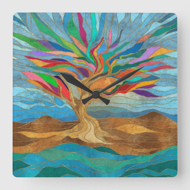Foliage Fantasy Mosaik Tree Quadratische Wanduhr (Vorderseite)